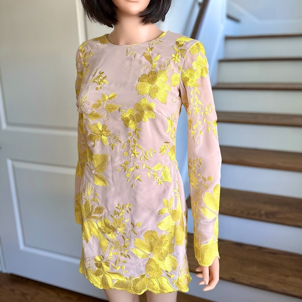 Dress the Population Pink Mini Dress with Yellow Floral Embroidery